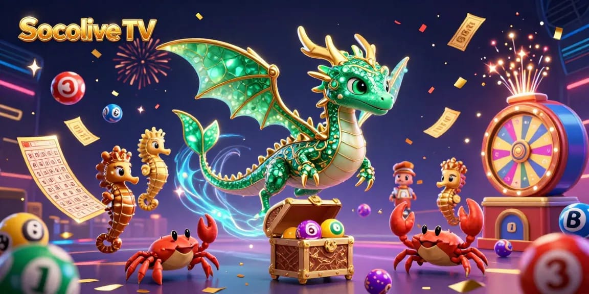 Socolive TV brings excitement with a vibrant illustration of live lottery action, featuring a treasure chest and colorful balls.