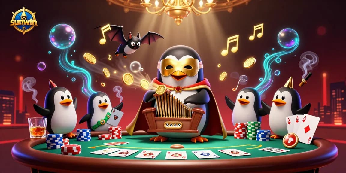 Experience thrilling gaming with sunwin's vibrant scene of a penguin playing an organ amid poker magic.
