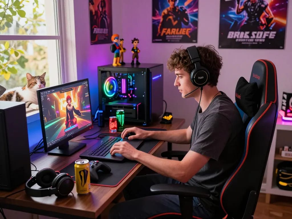 Engaged gamer exploring a free sex game on a laptop in a cozy illuminated space.