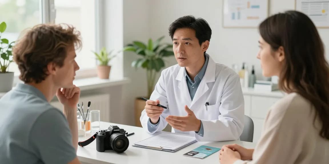 Engaged discussion on haarausfall behandeln between a patient and a dermatologist in a calming clinic.