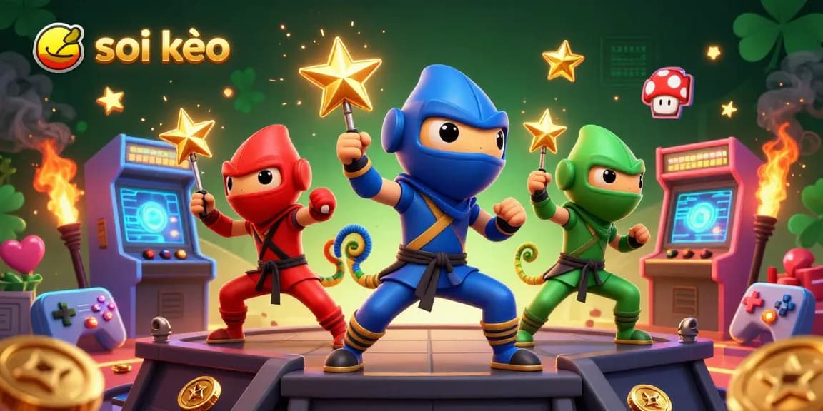 Soi kèo illustration: ninja chameleons in vibrant poses surrounded by gaming elements, embodying the thrill of sports betting.