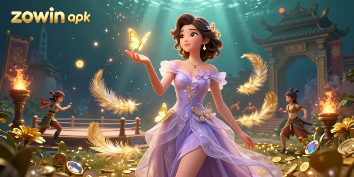 Engage with Zowin apk in a vibrant 3D illustration displaying dynamic casino elements and a stunning Asian character.