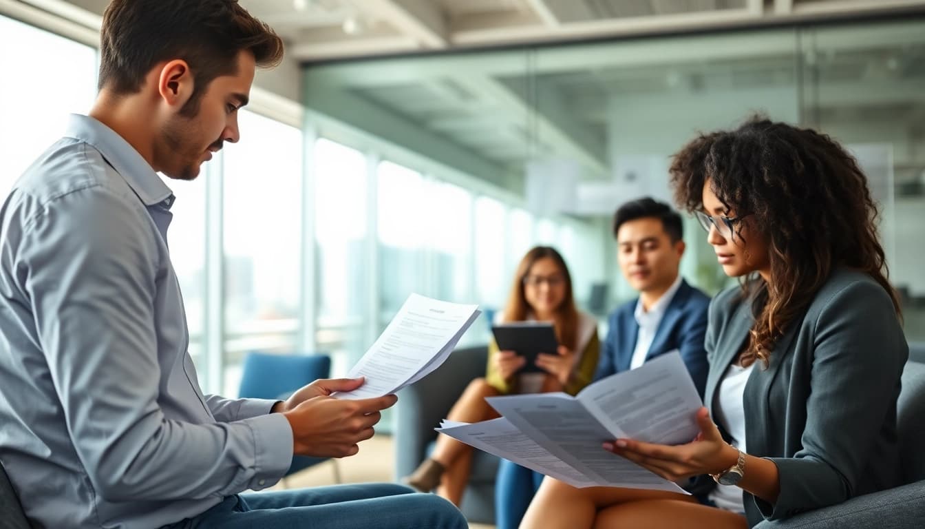 Headhunter IT bewertet Lebensläufe in einem modernen Büro.
