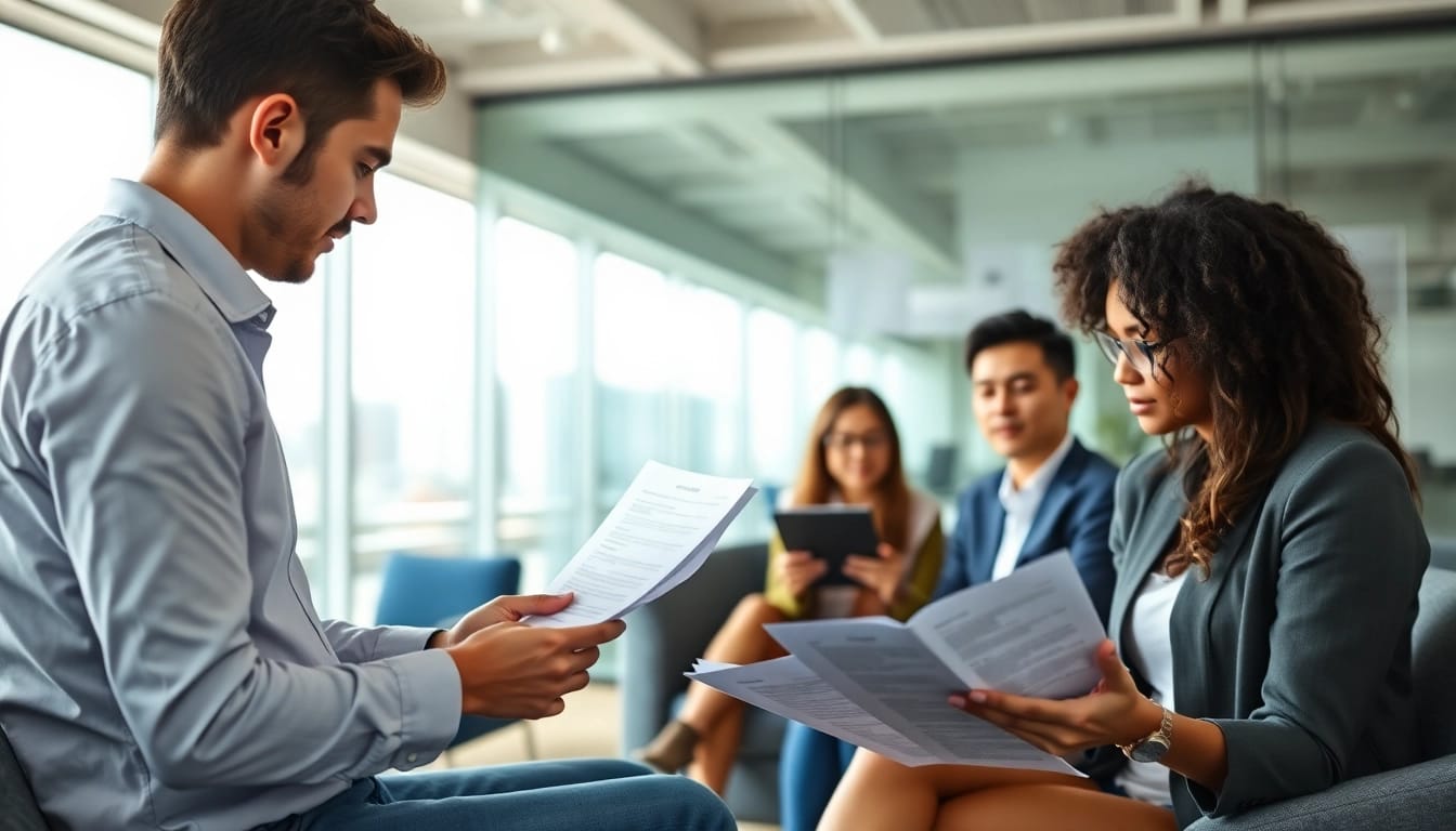 Headhunter IT bewertet Lebensläufe in einem modernen Büro.