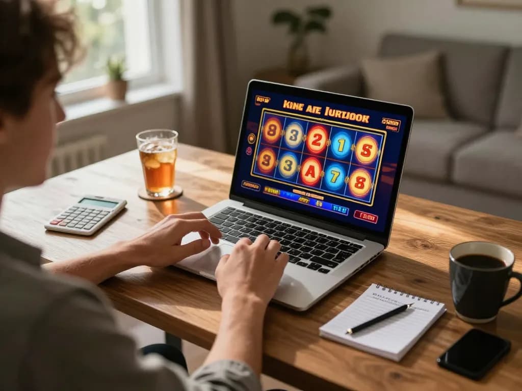 B52club player engaged in thrilling online slot game at home with colorful screen.