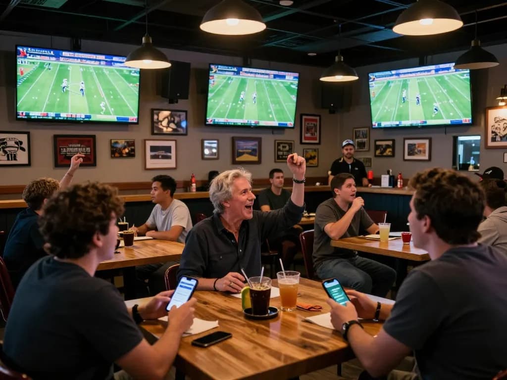 KQBD users enjoying live sports betting in a lively sports bar atmosphere.