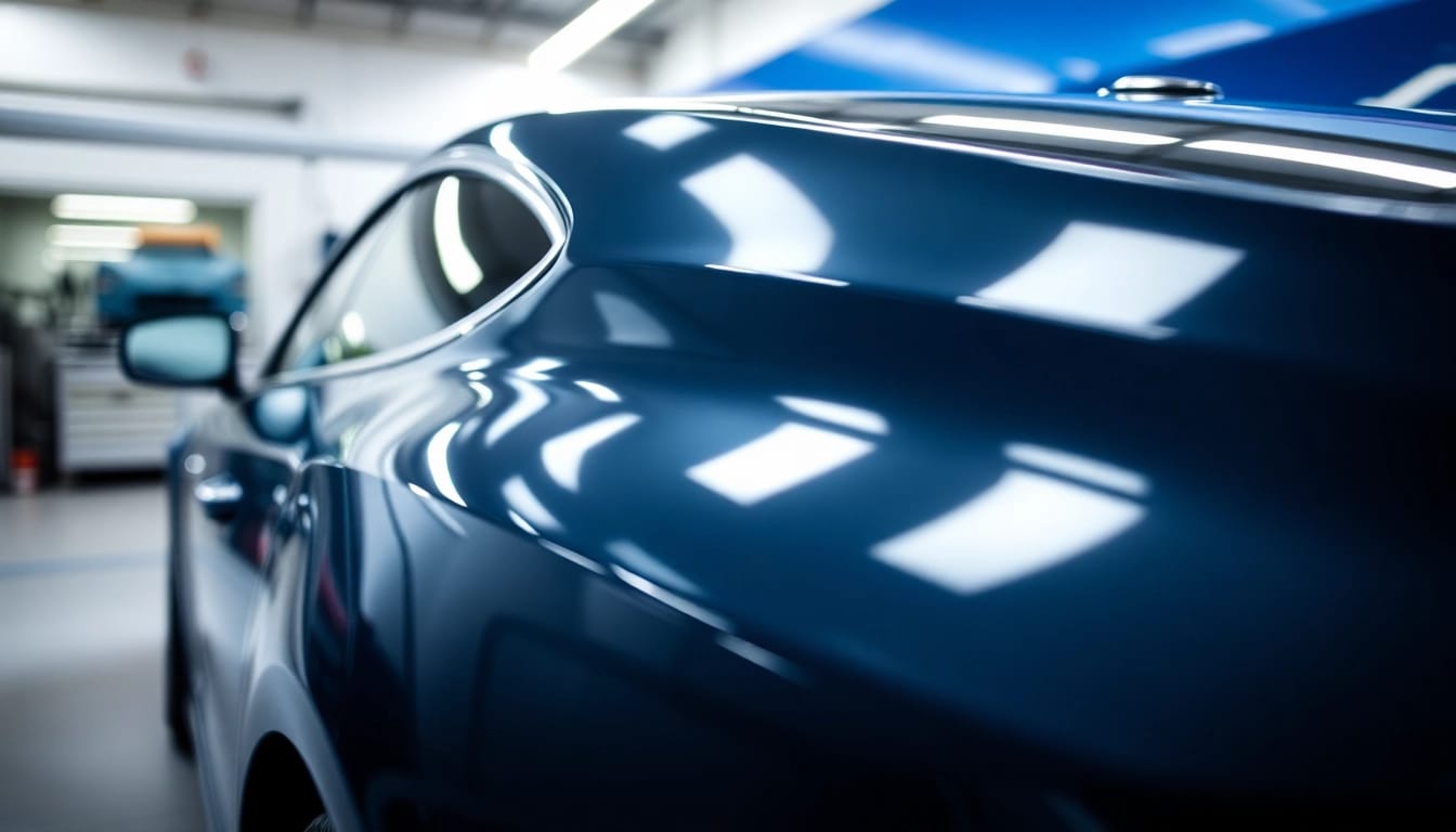 Hochwertige PPF Lackschutzfolie München auf einem glänzenden Auto in professioneller Werkstatt.