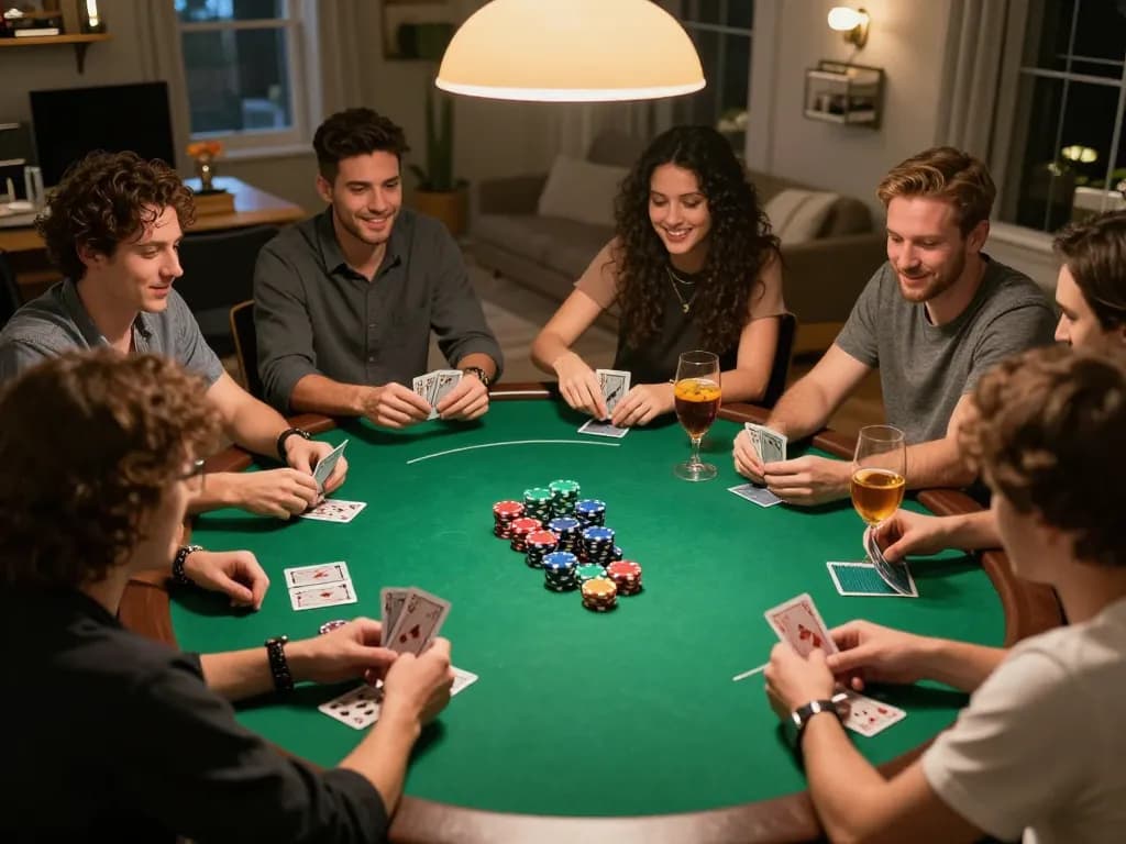 Engaged players at a home poker game, illustrating the action at Trang chủ SC88 with vibrant chips and cards