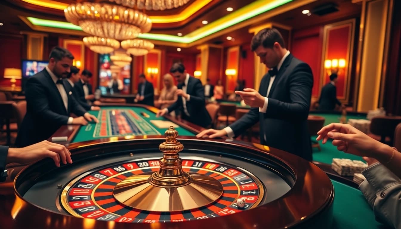 Experience the thrill of gambling at 789f with vibrant casino action featuring roulette and poker players.