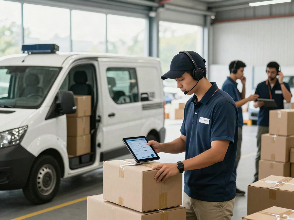Kurierdienst in Bielefeld - Aktive Logistikszene mit Kuriervan und Mitarbeitern bei der Paketzustellung.