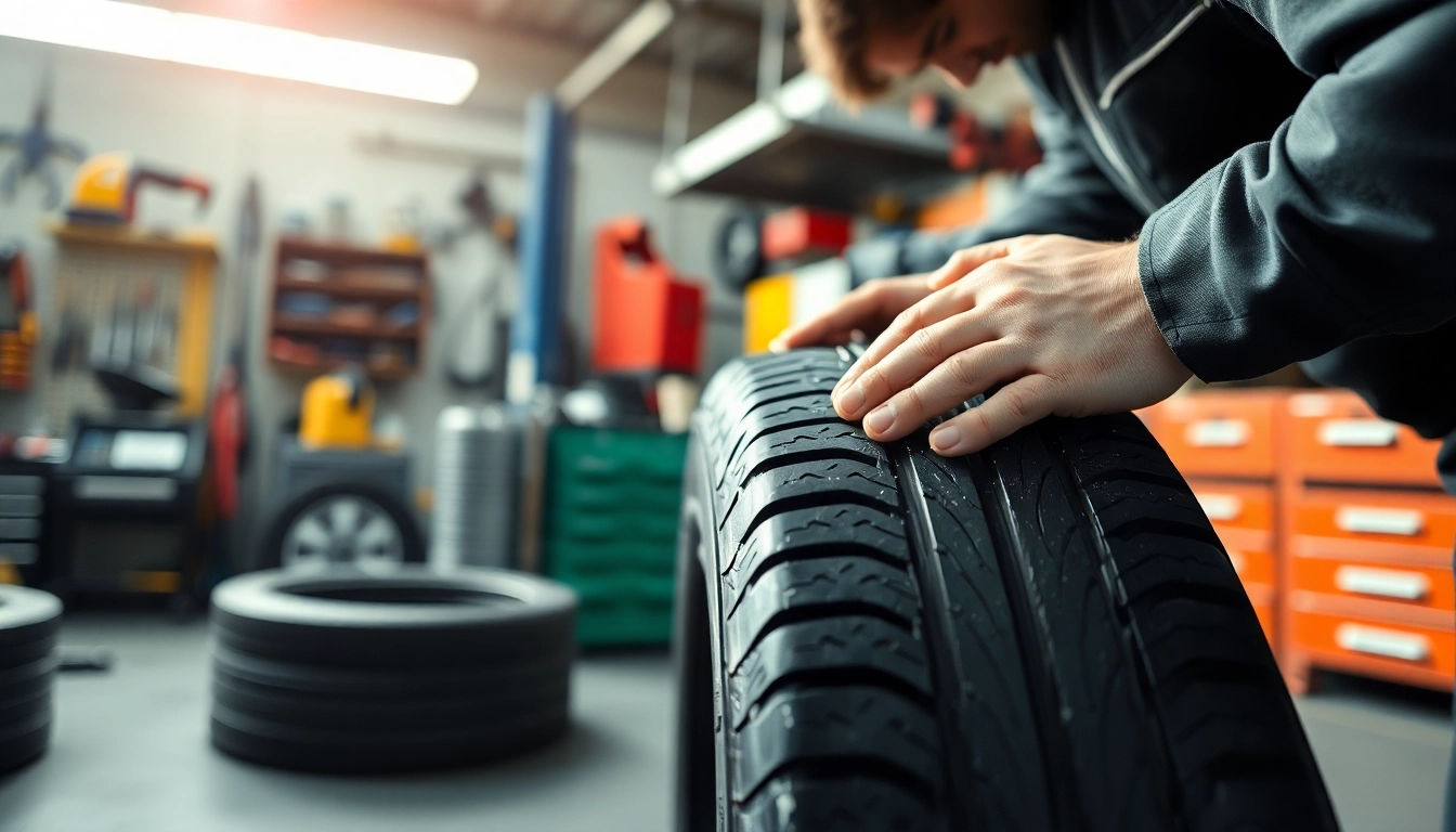 Zur Inspektion von Auto Kufen, ein Mechaniker überprüft Winterreifen in einer Werkstatt.