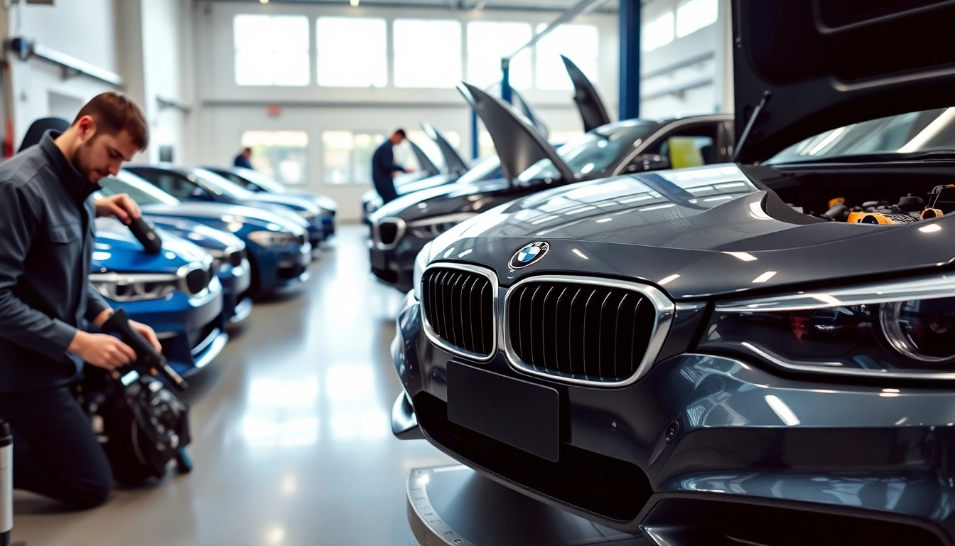 BMW Spezialist mit Fahrzeugdiagnose und Expertenteam in modernem Werkstattbetrieb.