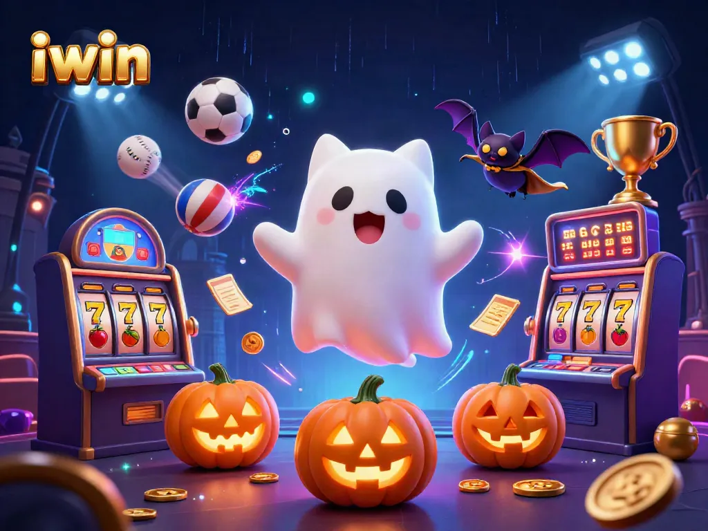 iwin thrills with a ghost cat and vampire bat in a vibrant, haunted casino scene.