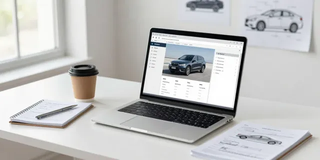 Kfz Sachverständiger Oberhausen arbeitet in modernem Büro mit Fahrzeugbewertungssoftware und technischen Diagrammen.