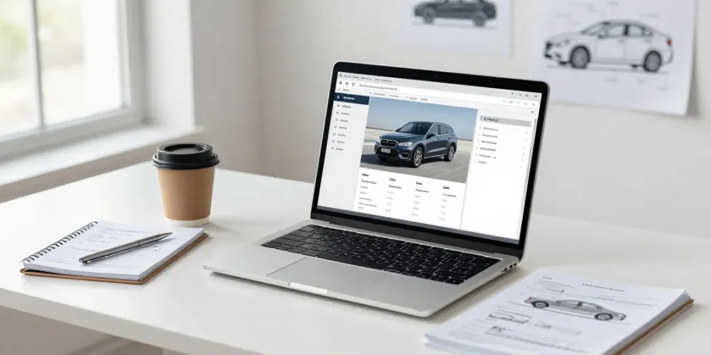 Kfz Sachverständiger Oberhausen arbeitet in modernem Büro mit Fahrzeugbewertungssoftware und technischen Diagrammen.