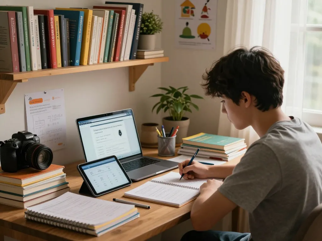 Student nutzt Hausaufgaben Löser online in einem gemütlichen Arbeitszimmer mit warmem Nachmittagslicht.