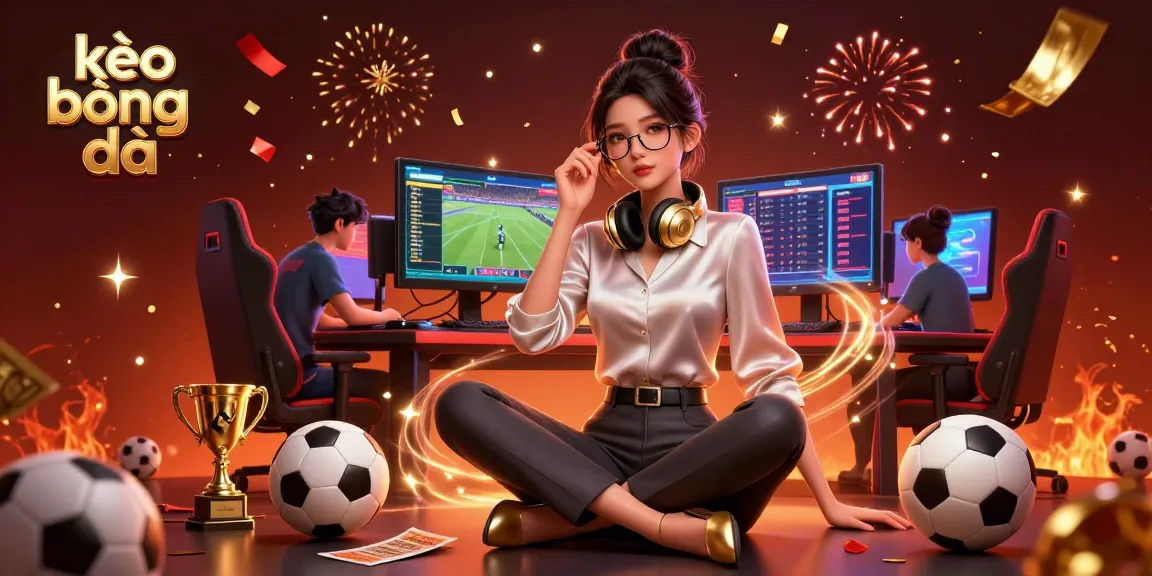 Engage with kèo bóng đá as a photorealistic Asian woman analyzes sports betting odds at her gaming setup.