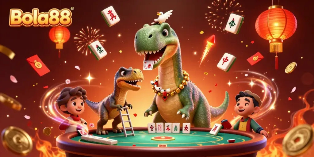 Experience the thrill of winning with Bola88 and lively casino elements, featuring a towering brontosaurus.