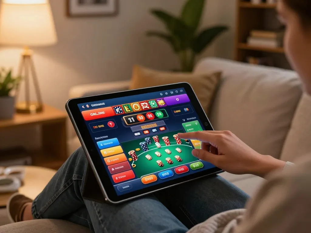 Engaging online gaming experience at Trang chủ F168, showcasing tablet interface and comfortable home setting.
