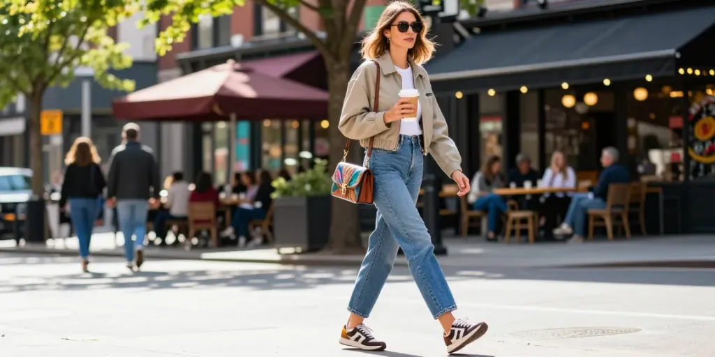 Stilvolle Frau in der Stadt, die lady-lifestyle.de verkörpert, während sie einen wiederverwendbaren Kaffeebecher hält und mit Selbstvertrauen geht.