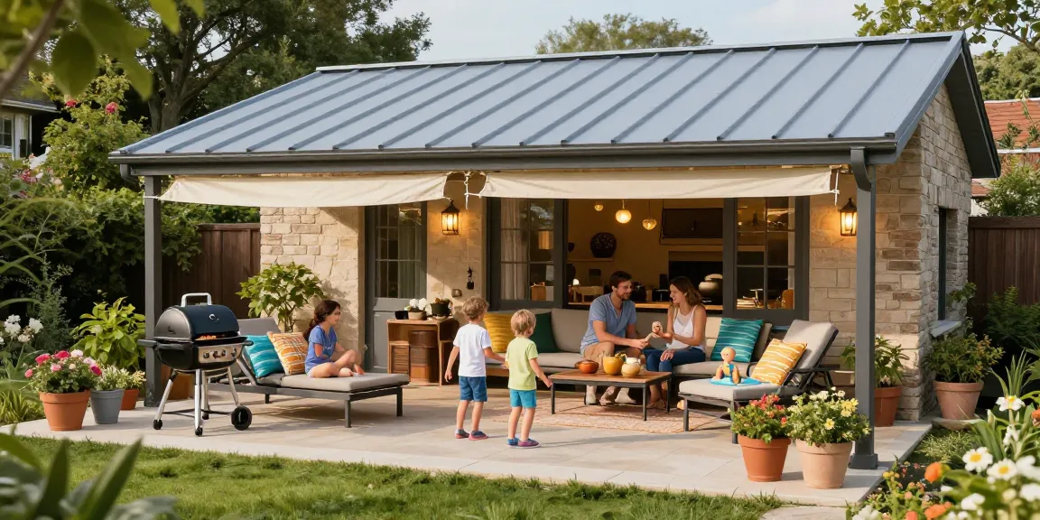 Moderne Terrassenüberdachungen in einem einladenden Garten mit Familie und Freunden.