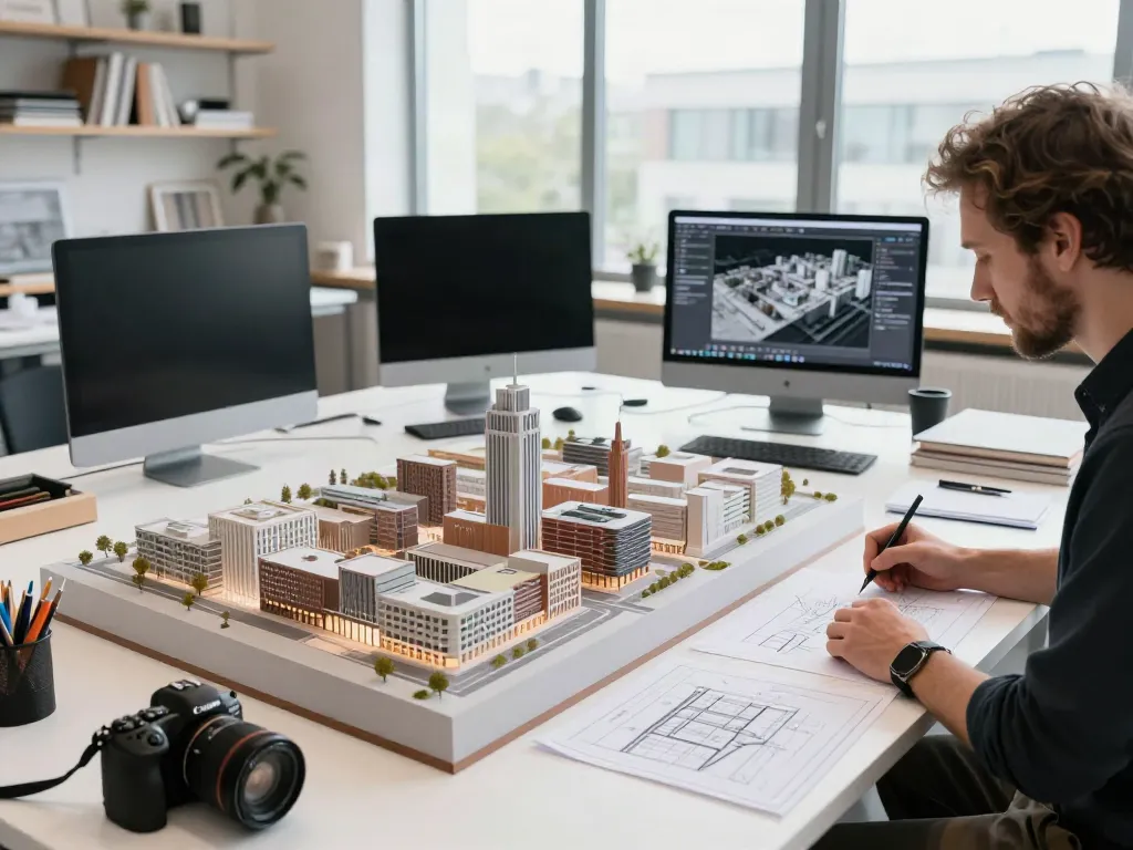 Gestaltungsmodell Architektur in einem modernen Designstudio mit urbanem Hamburg-Modell.