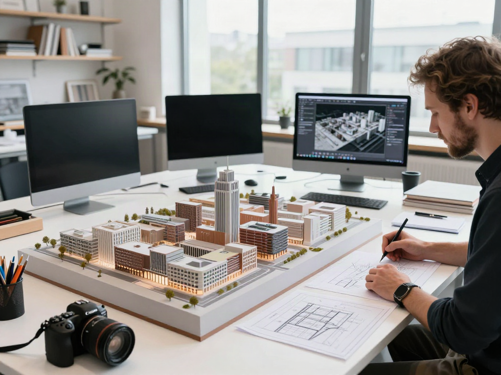 Gestaltungsmodell Architektur in einem modernen Designstudio mit urbanem Hamburg-Modell.