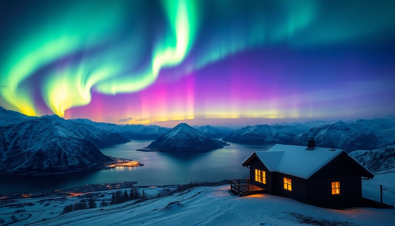 Beobachten der Nordlichter in Tromsø über verschneiten Bergen und einem ruhigen Fjord.