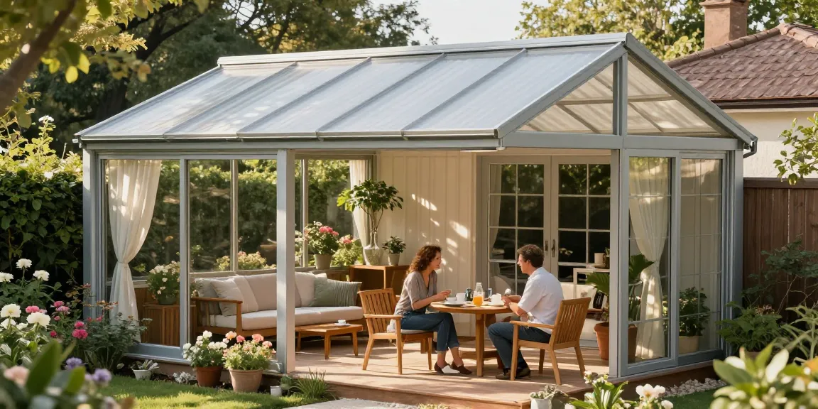 Stilvolle Terrassenüberdachung freistehend in einem blühenden Garten, ideal für gemütliche Nachmittage.