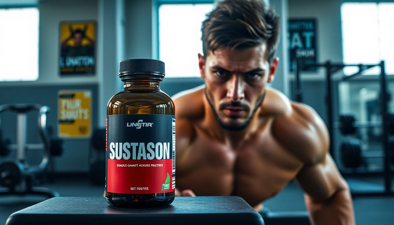 Aktiver Mann mit Bottich Sustanon kaufen in Fitnessstudio, motivierendes Ambiente.