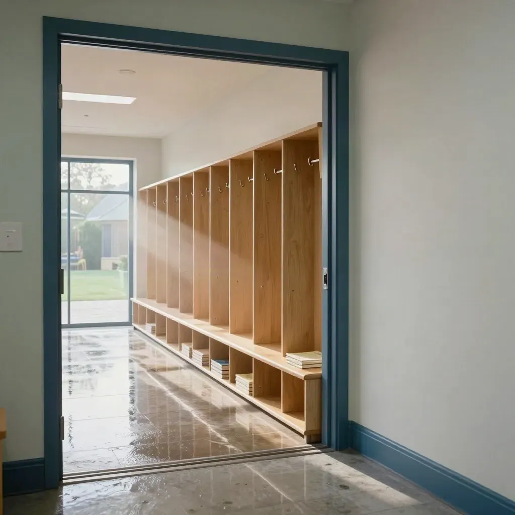 Leerer Schulflur mit Holz-Garderoben, Bücherstapel und Lichtreflexen nach Regen.