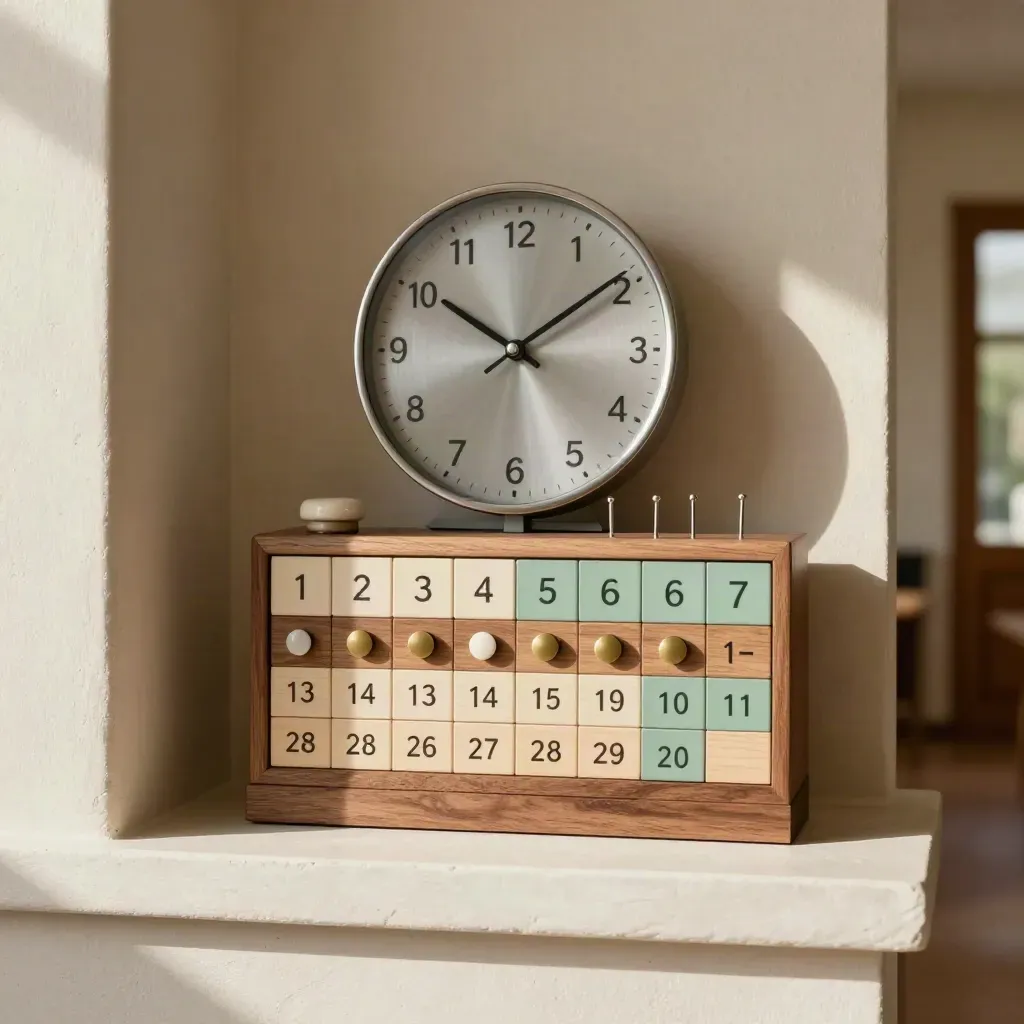 Schulkalender mit Zeitblöcken, Saisonmarken und schmaler Uhr auf hellem Regal im weichen Licht.