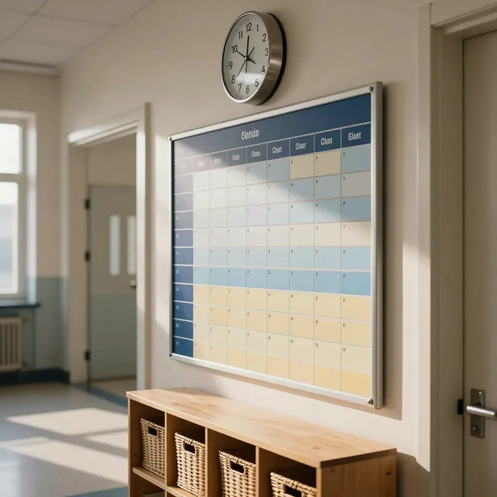 Farbcodierte Stundenplan-Blöcke an einer Flurtafel neben Uhr und Garderobenregal.