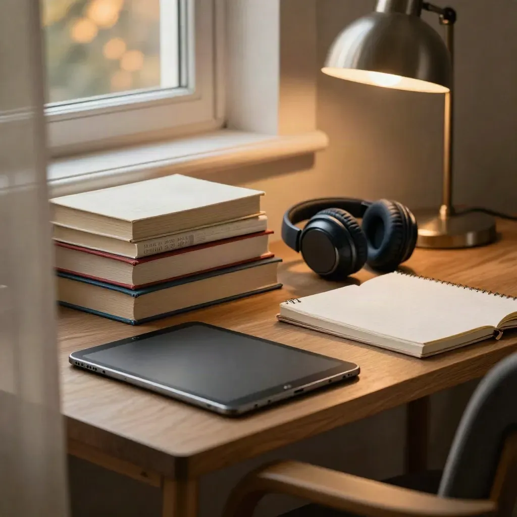 Hausaufgaben-Ecke mit Büchern, Tablet, Kopfhörern, Lampe und Notizbuch am Fenster
