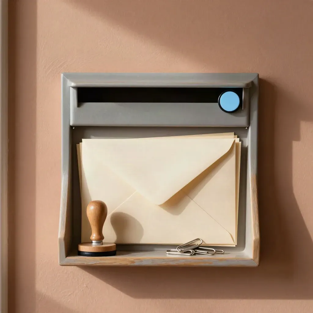Briefablage, Stempel und Briefschlitz im hellen Schulflur, sauber sortierte Elternbriefe