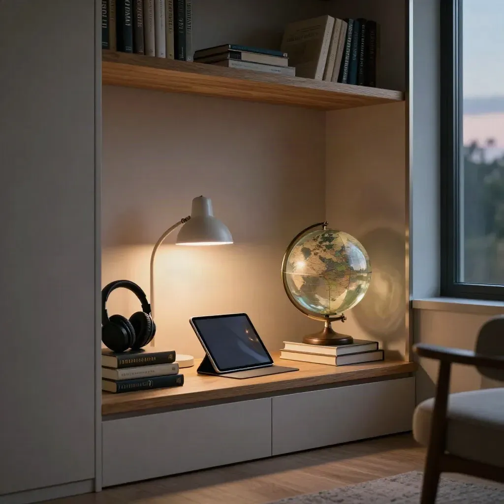 Dunkle Lernnische mit Büchern, Globus, Lampe, Kopfhörern und geschlossenem Tablet.