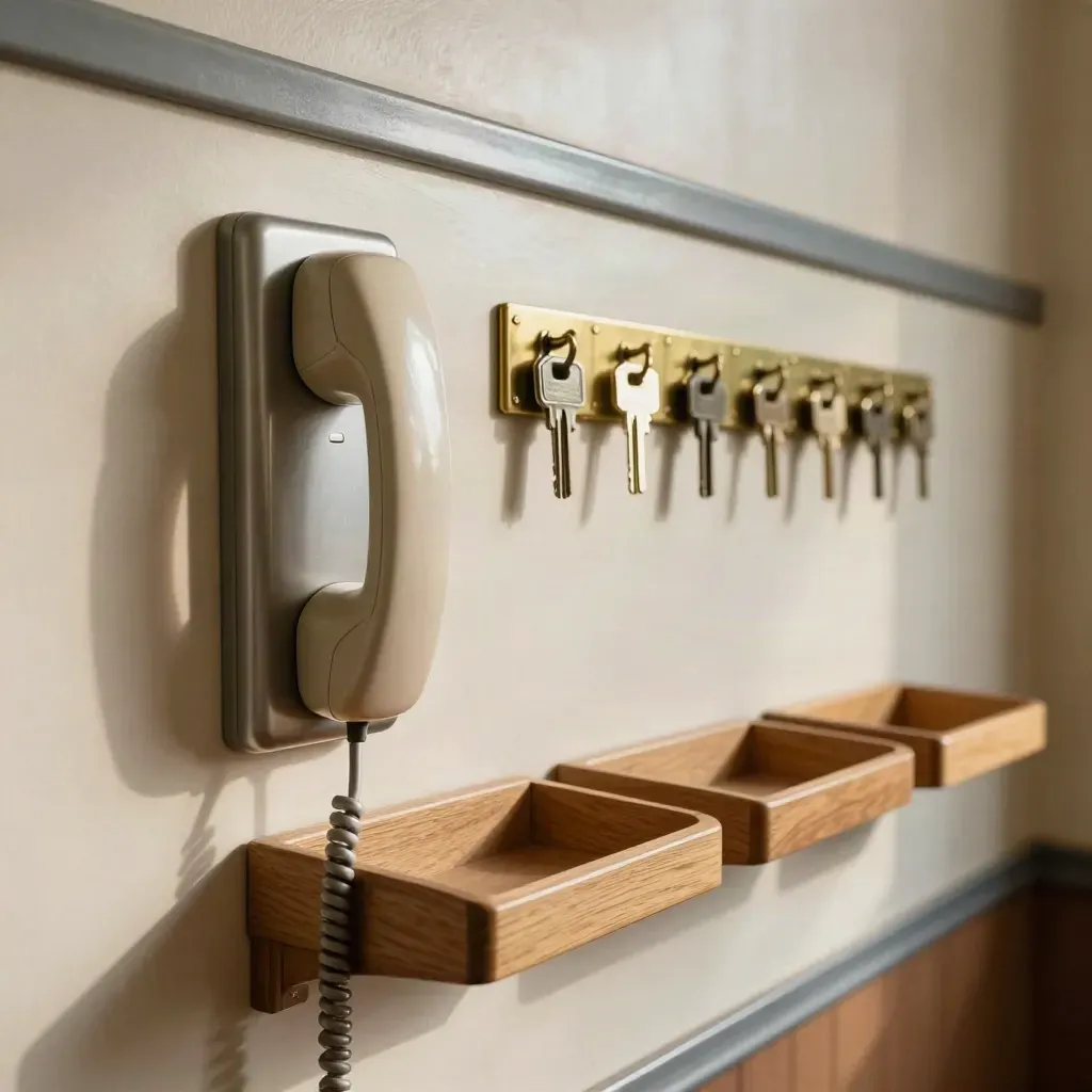Schulisches Kontaktzentrum mit Telefon, Sprechanlage, Ablagen und Schlüsseln an heller Wand.