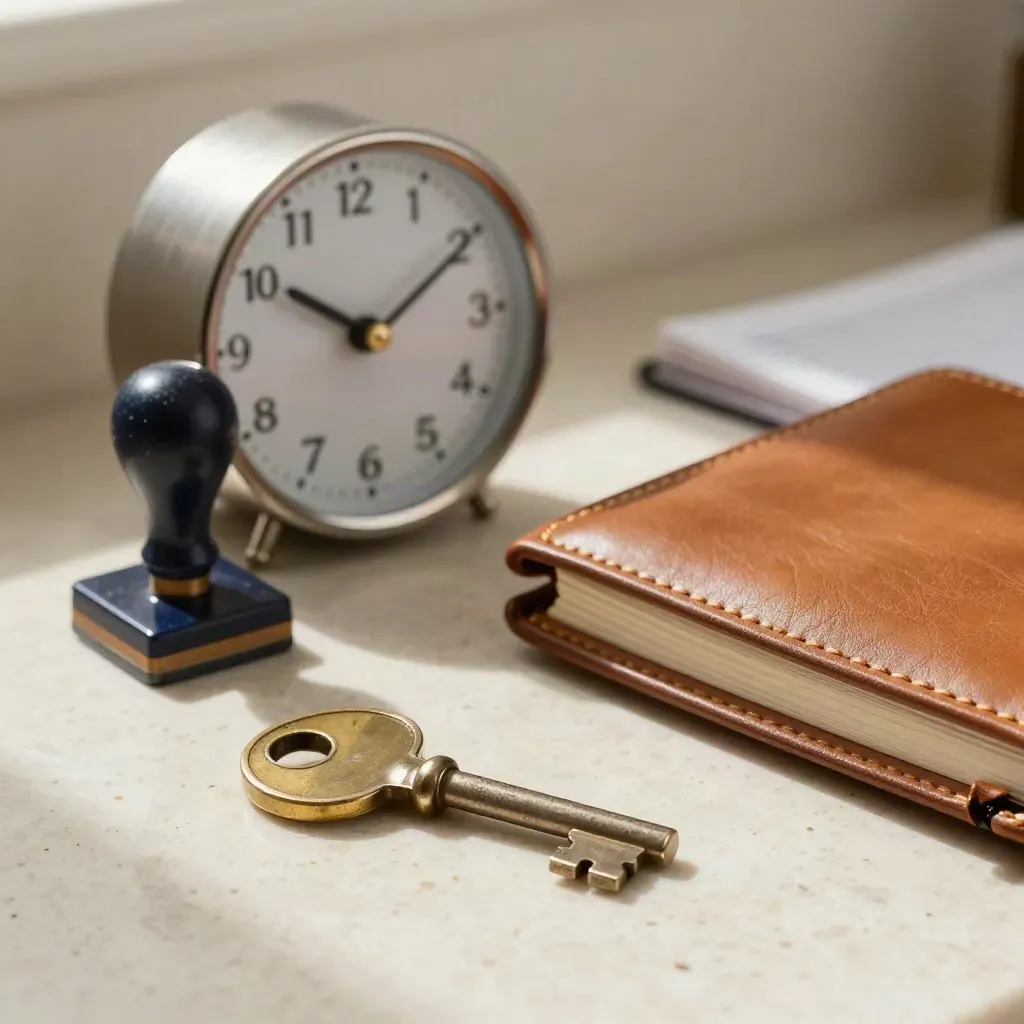 Schlüsseln, Tischuhr, Stempel und Lederagenda auf Travertin in Nahaufnahme.
