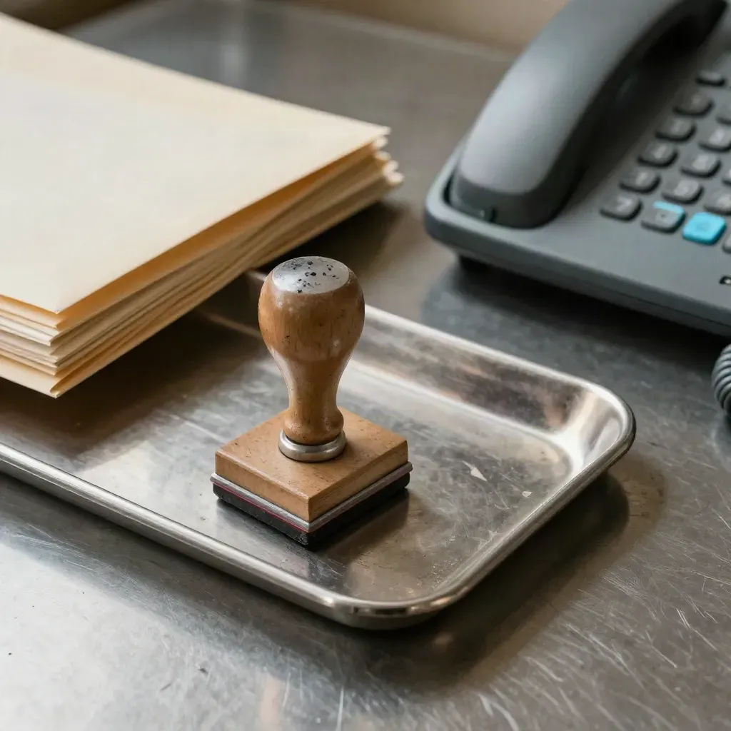 Nahaufnahme von Stempel, Ablage, Briefumschlägen und Telefonbasis auf abgenutzter Laminatfläche.