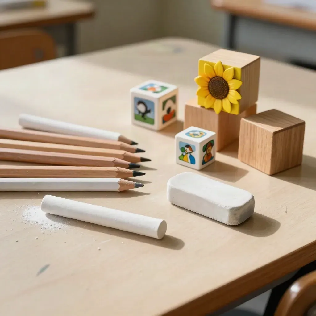 Chalk, Buntstifte, Würfel und Holzbausteine auf einem hellen Klassentisch.