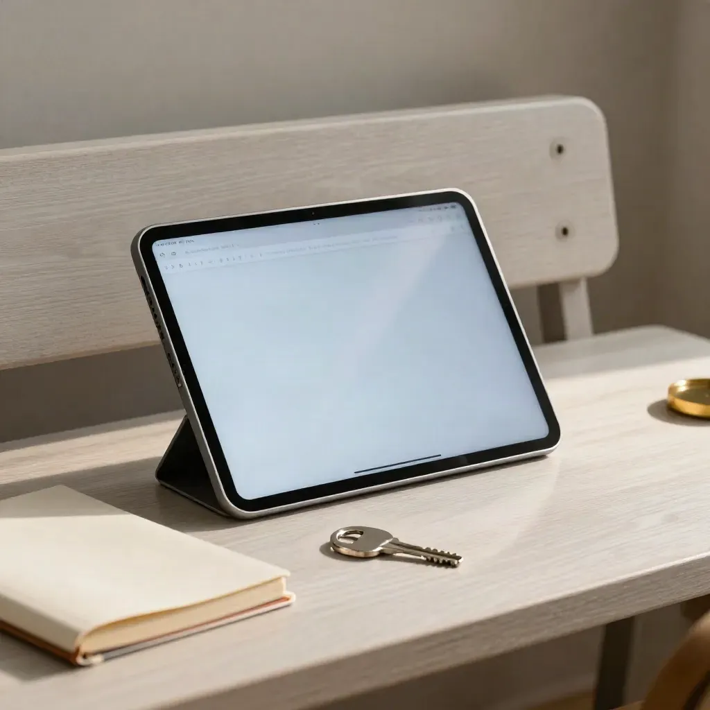Tablet, Schlüssel und Notizbuch auf hellem Holz mit weichem Licht