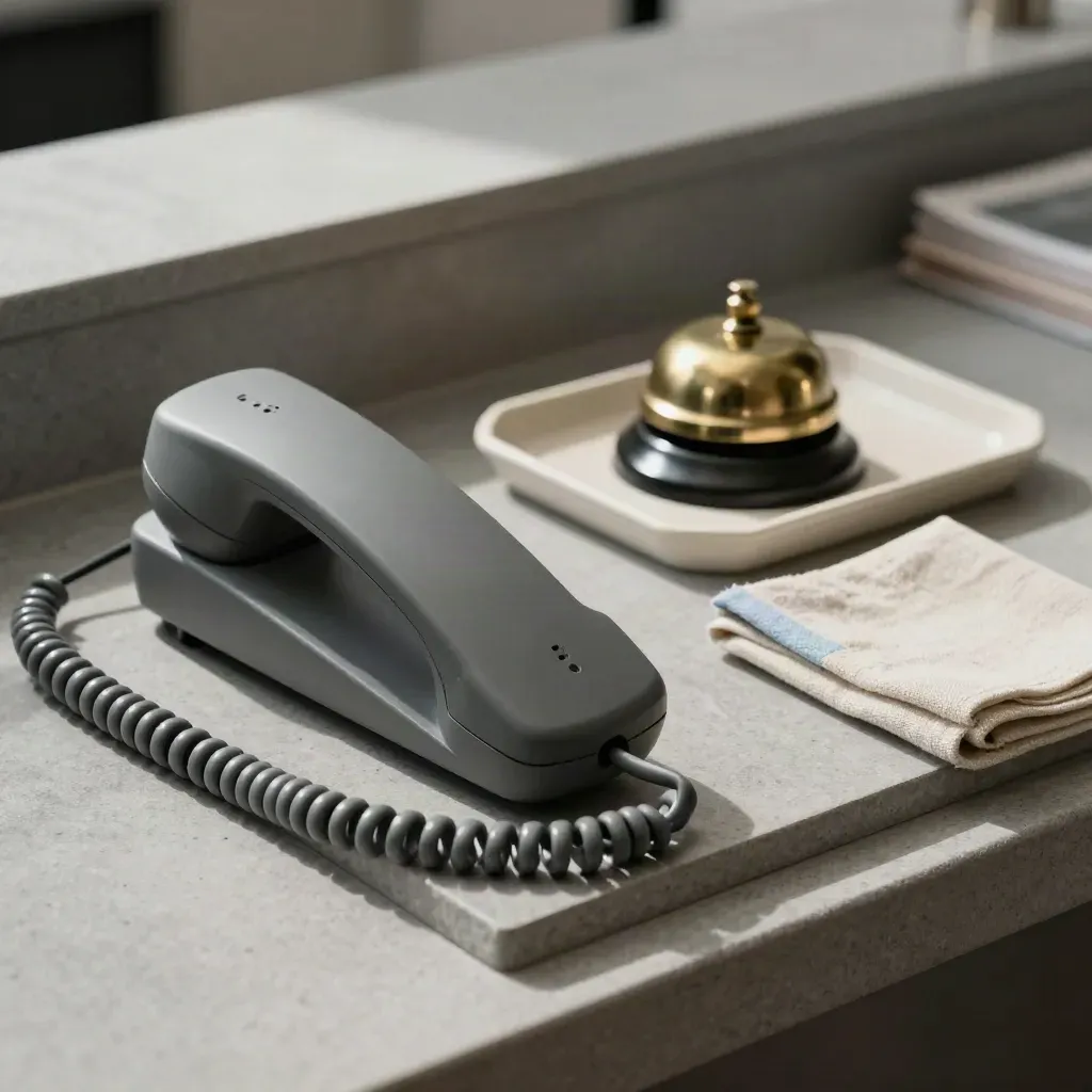 Telefonhörer, Klingel und Ablage auf Steinschale in ruhiger Schulsituation