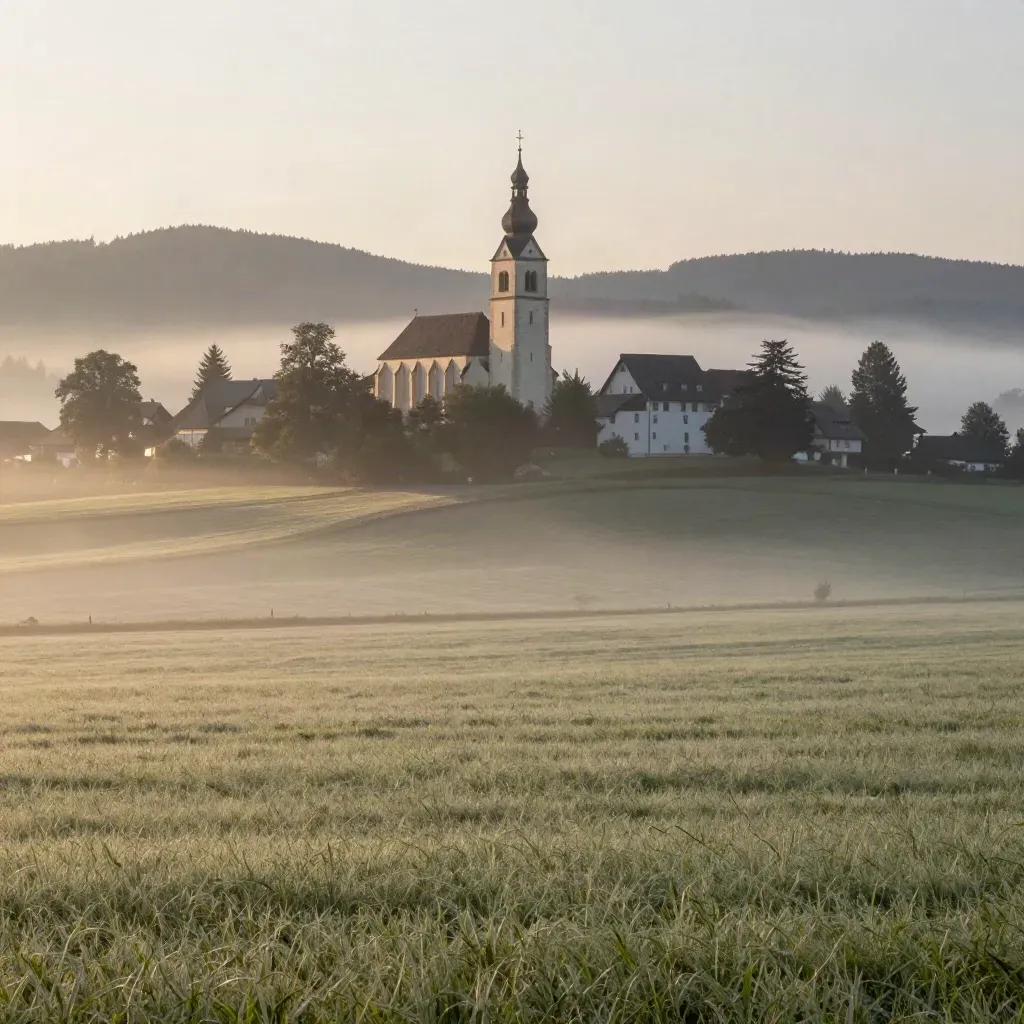 Altusried im Morgennebel mit Kirchturm und Häusern über sanften Wiesen
