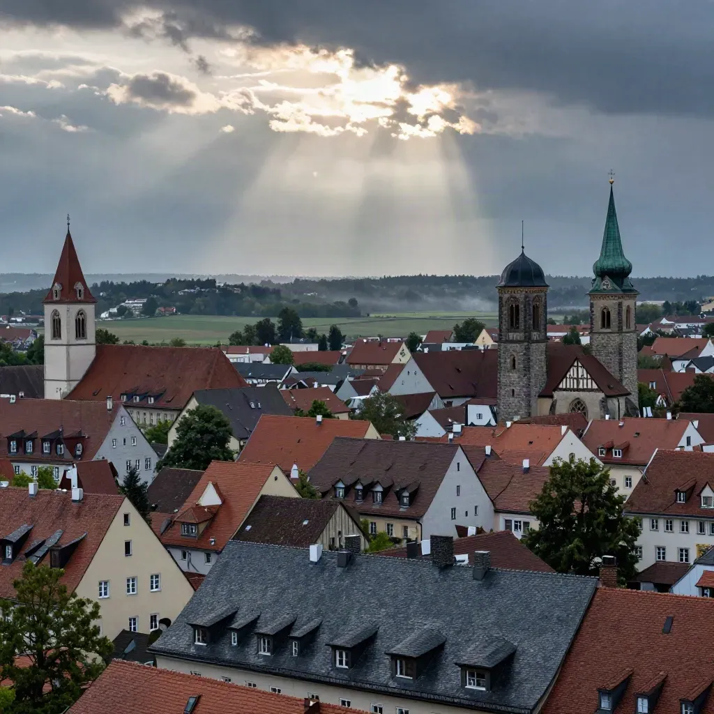 Kempten von oben mit Dächern, Kirchtürmen und aufreißenden Regenwolken.