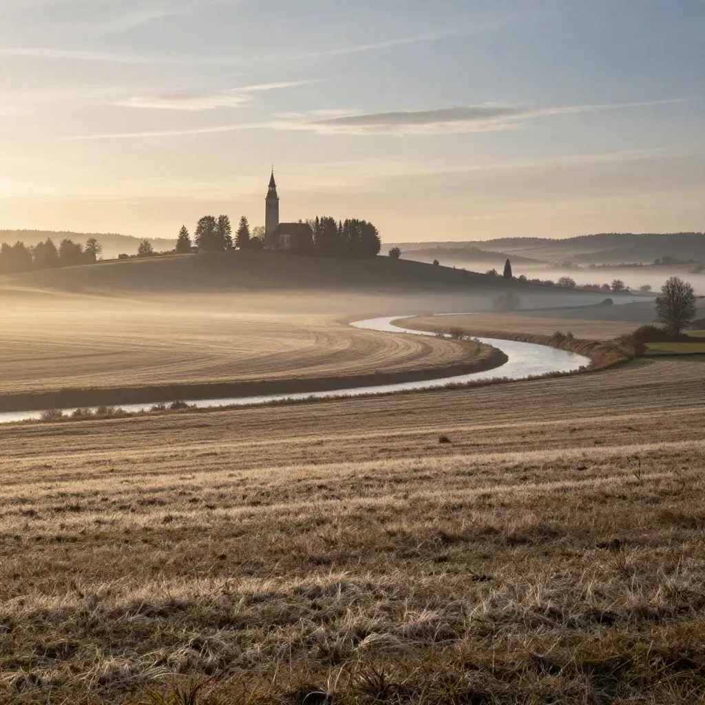 Abendblick über Dietmannsried mit Kirchturm, Hecken und Flusskurve im Tal.