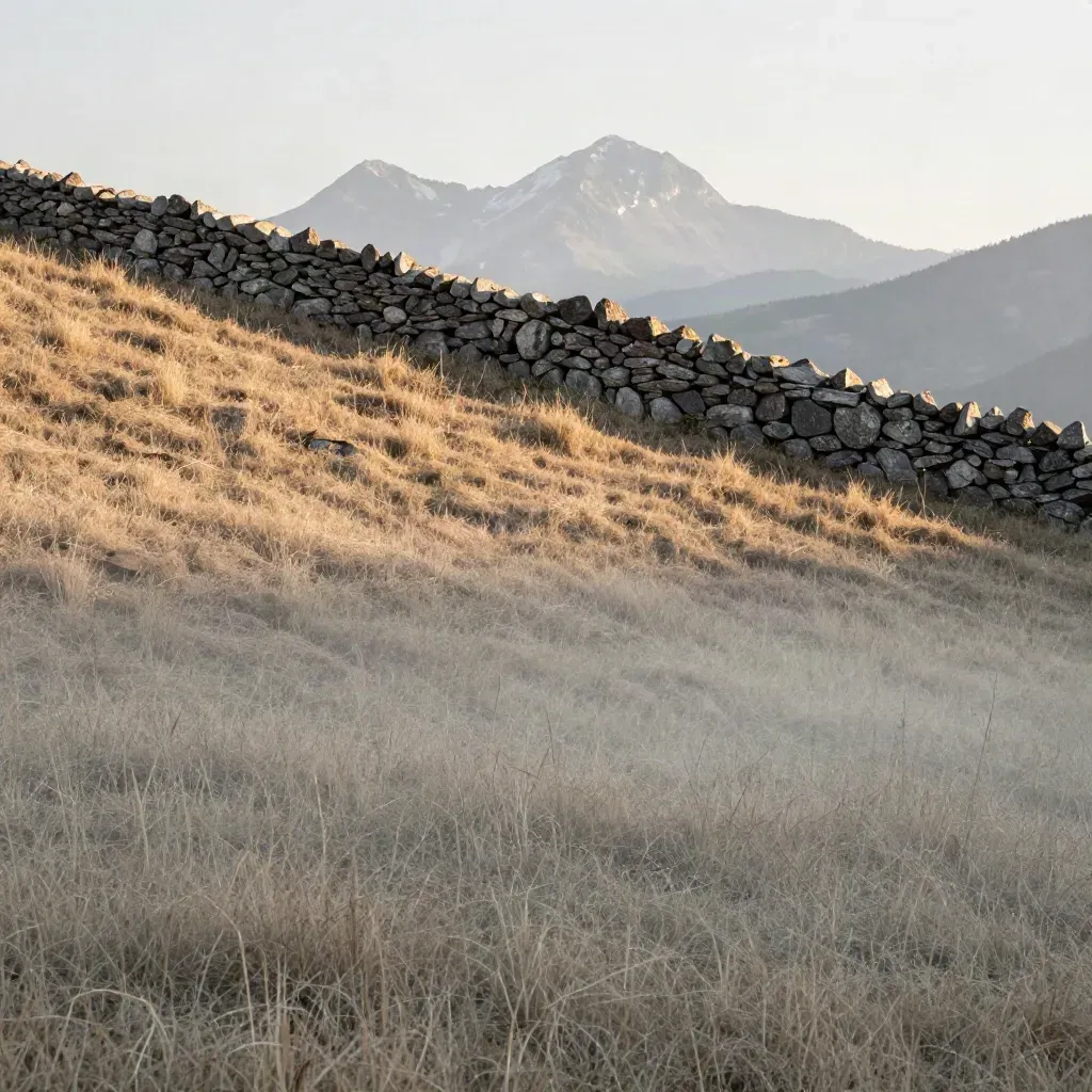 Steinmauer und Heuwiesen im Oberallgäu mit nebligen Alpen im Abendlicht