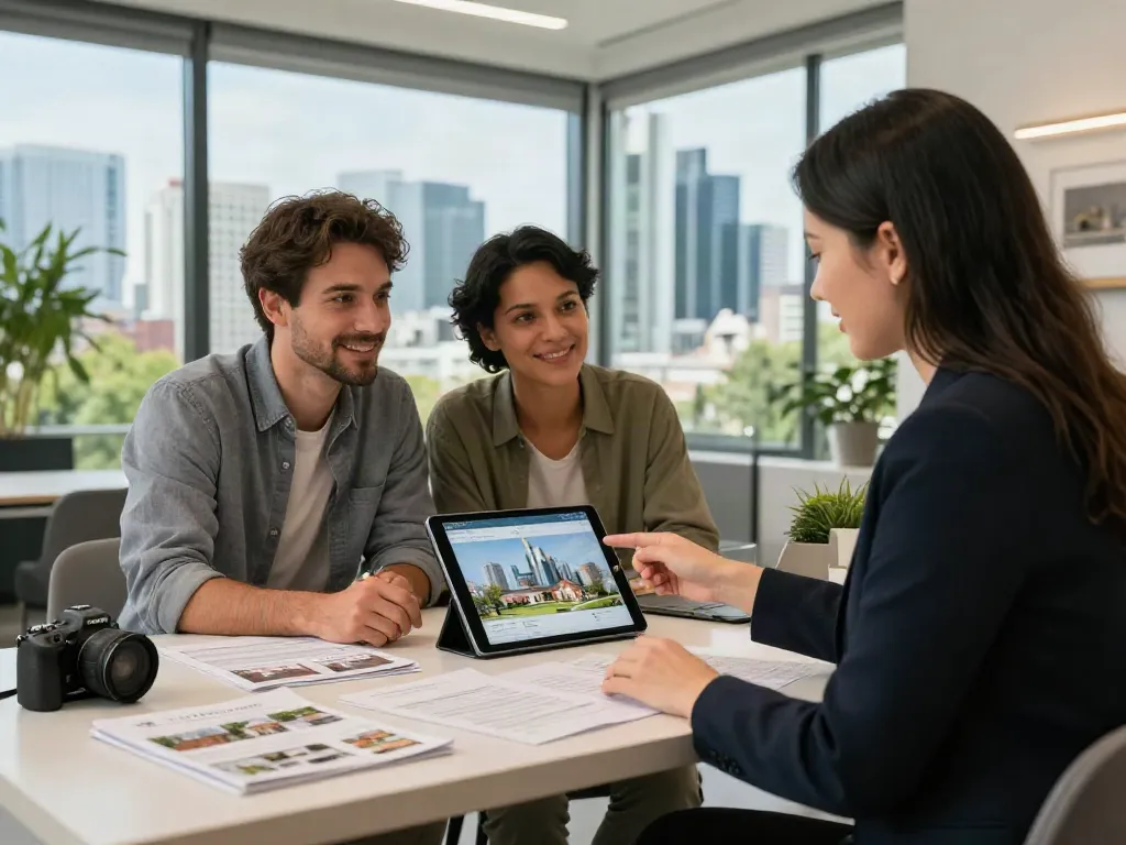 Bester Immobilienmakler Frankfurt berät glückliches Paar im modernen Büro über Immobilienkauf.