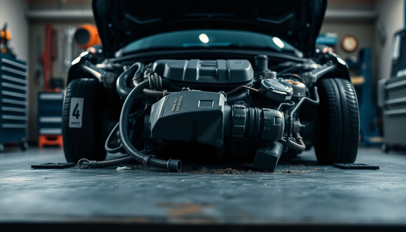 Motorschaden Ankauf: Professionelle Beurteilung eines beschädigten Autoteils im Werkstattumfeld.