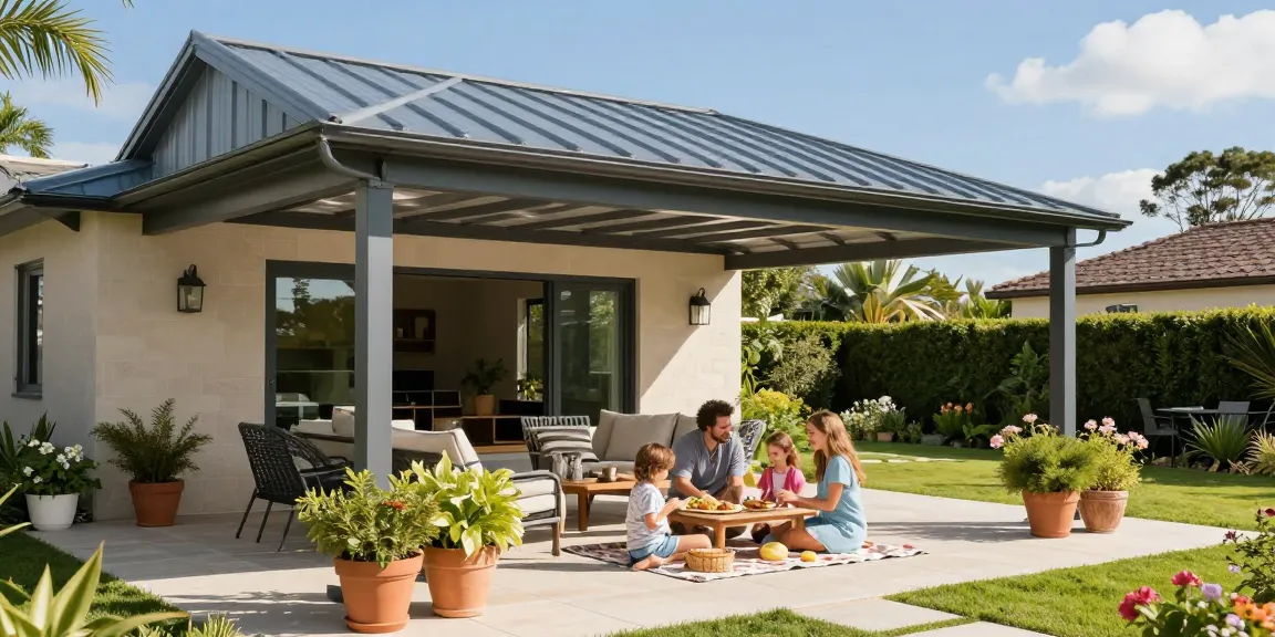 Familie genießt eine Terrassenüberdachung bei strahlendem Sonnenschein.