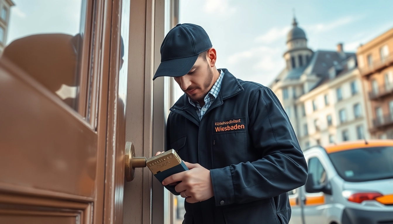 Erfahrener Schlüsseldienst-Techniker von Schlüsseldienst Wiesbaden öffnet fachkundig eine Tür in einem urbanen Umfeld.